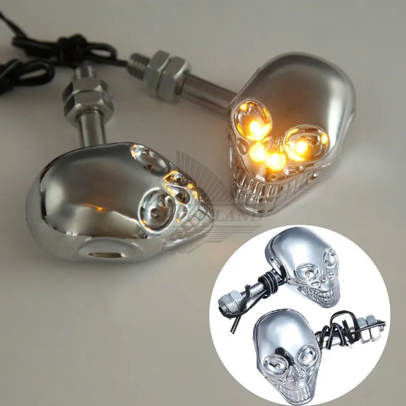 

2Pair 12V 4 LEDs Motorcycle 10mm Screw Skull Head Turn Signal Indicator Light Amber Light LED Blinker Silver