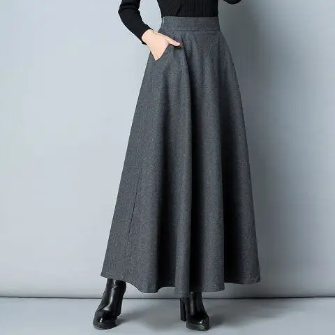 86cm length gray Женская Новинка осень зима корейский стиль длинная линия толстые теплые шерстяные юбки женские размера плюс 3XL Свободные шерстяные юбки F22 - Цвет: 86cm length gray