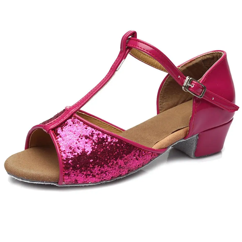 Rose Red Sequin Новое поступление, бальные туфли для латинских танцев для женщин, детей 17-25 см, танго, высокое качество, низкий каблук для женщин, латинские танцевальные туфли - Цвет: Rose Red Sequin