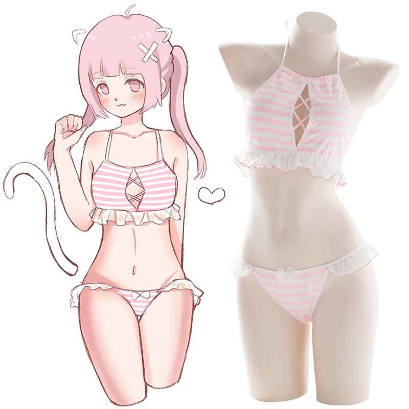 Симпатичные и сексуальные аниме стильные синие белые розовые полосатые трусики