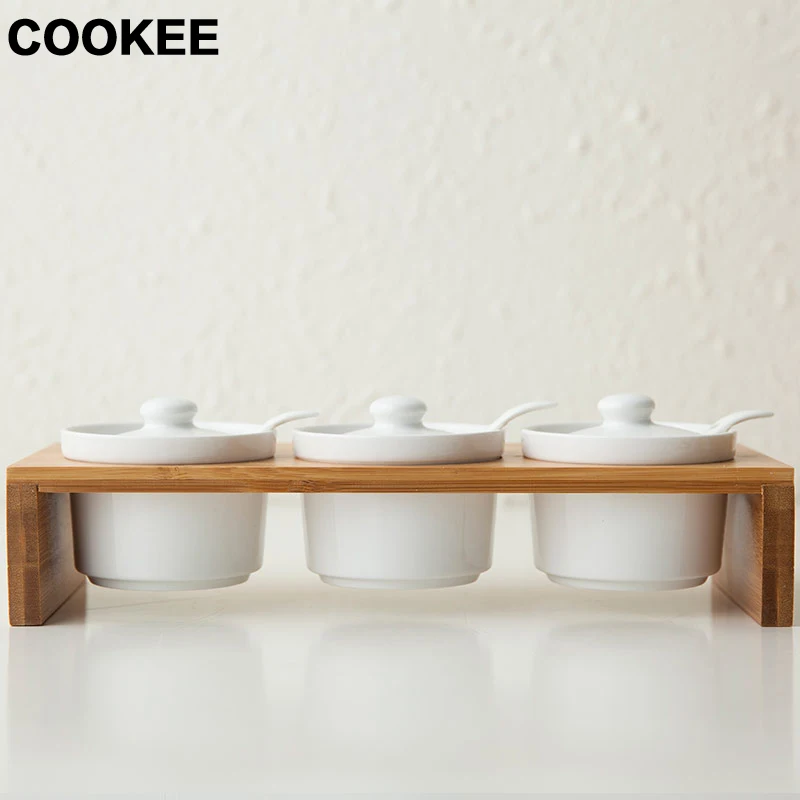 Приправы банки Керамика бамбука для кухни костюмы с ложка соуса блюдо специй