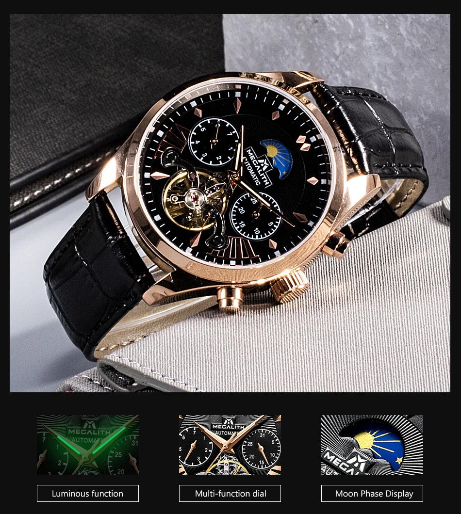 MEGALITH Мужские автоматические механические наручные часы tourbillon кожаные водонепроницаемые бизнес часы мужские спортивные наручные часы Relojes Hombre
