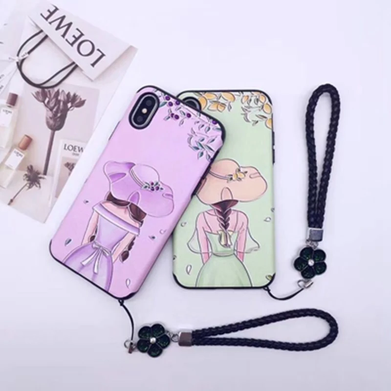 Green Cartoon Back Girl + Lanyard Phone Case for 6 6s 7 8 Plus Pink All inclusive Soft Cover XS Max XR X | Мобильные телефоны и