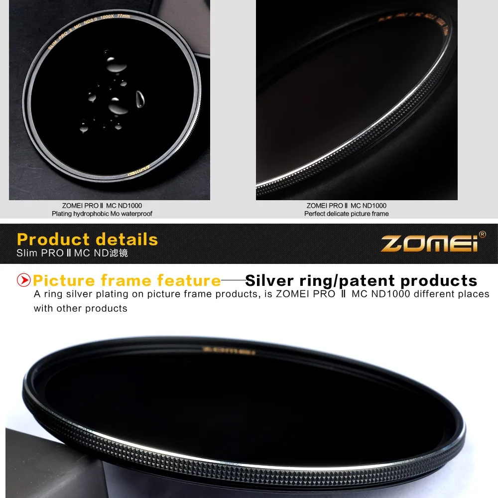 Zomei Filtro ND8 ND64 ND1000 нейтральный многослойный оптический стеклянный светильник с фильтром и зеркальной оправой 49~ 82 мм