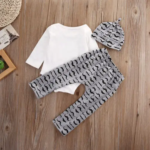 Infant Newborn Baby Girls Boy Clothes Outfit Set Cotton Beard Print Tops Romper +Long Pants Hats Kids 3Pcs Clothing Sets Sunsuit | Детская