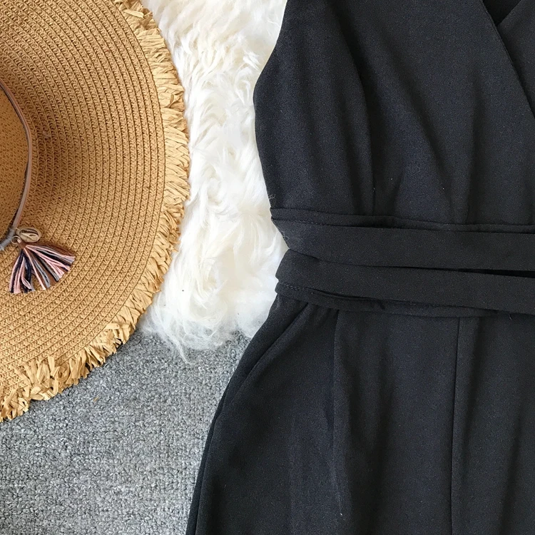ALPHALMODA весенние женские однотонные комбинезоны без рукавов с v-образным вырезом и высокой талией с поясом Женские повседневные Комбинезоны с широкими штанинами