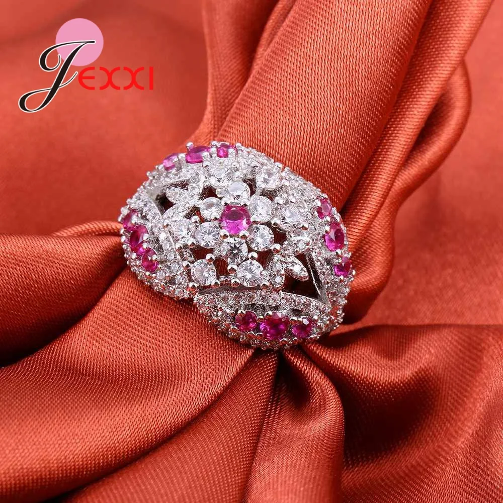 2 цвета белый/фуксия Кристалл Дамы Bijoux Мода полые обручальные Anel чистое серебро 925