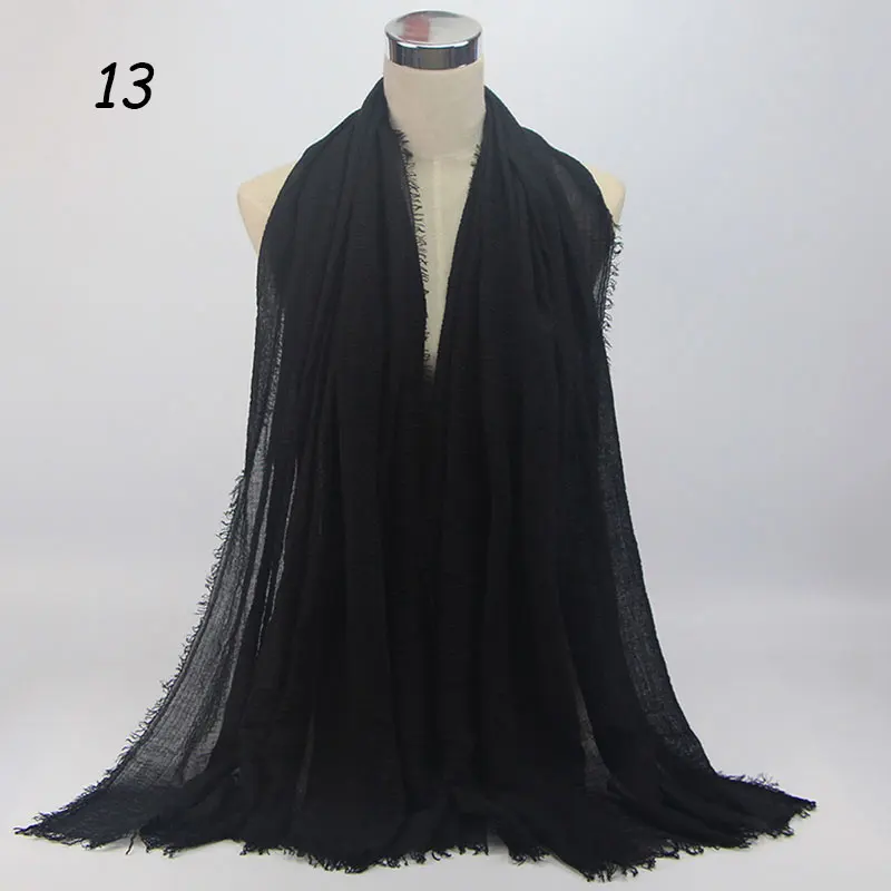 13 Black Scarf Sparsil Весенний хлопковый женский шарф Одноцветный мнущийся Ретро шарф с короткими кисточками 180 см Большие шали мусульманские женские хиджабы - Цвет: 13 Black Scarf