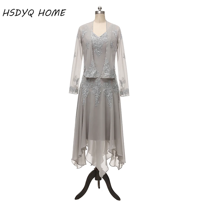 2017 Chiffon Mother of Bride Dresses with Long Sleeves Beads Two Pieces Mid Carf Wedding Party Groom Gowns | Свадьбы и торжества