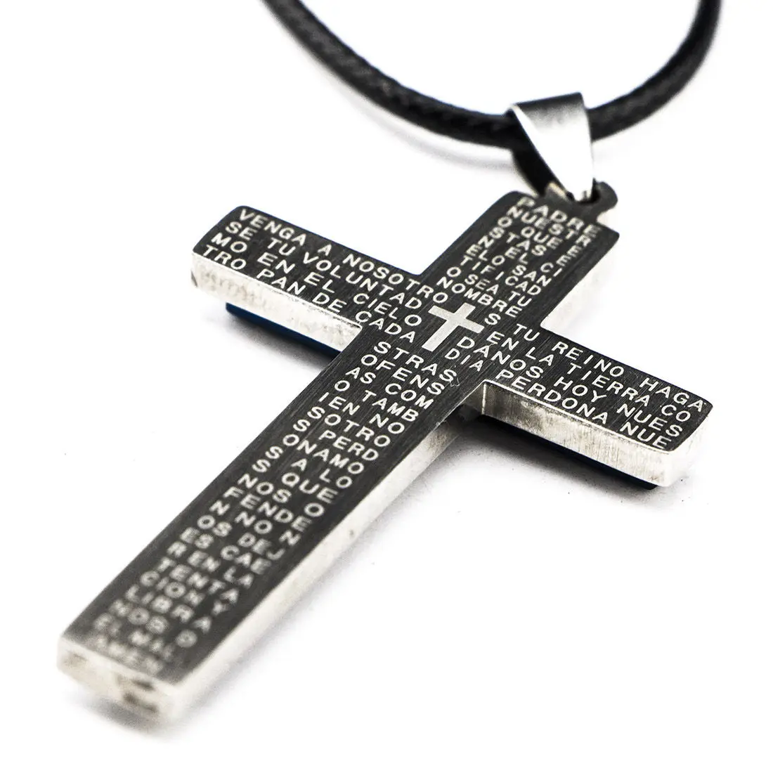 New Gift Unisex's Men Blue Silver Stainless Steel Cross Pendant Necklace Chain Black leather A-2240 | Pendants