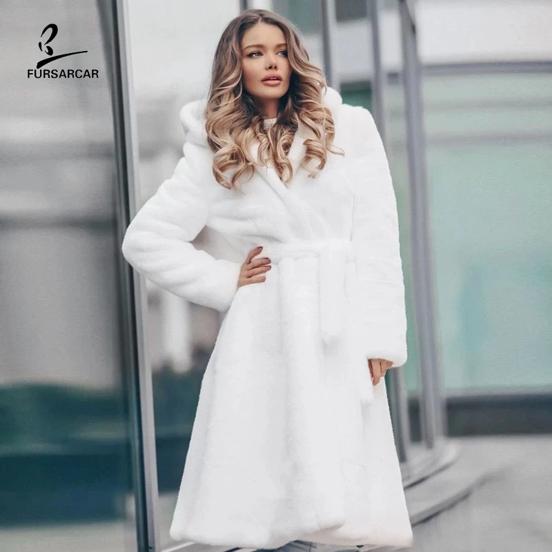 FURSARCAR Новая женская белая натуральная Настоящий мех кролика Длинная зимняя куртка с капюшоном для женщин модная Роскошная куртка из натурального меха