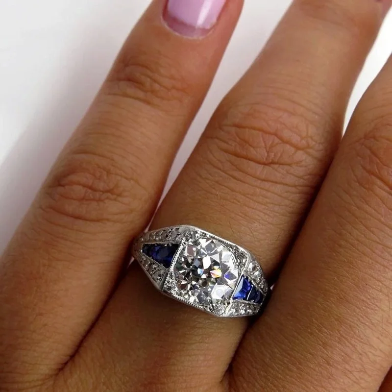 

OMHXZJ Wholesale European Fashion Woman Man Party Wedding Gift Luxury Square White Blue AAA Zircon 18KT White Gold Ring RR658