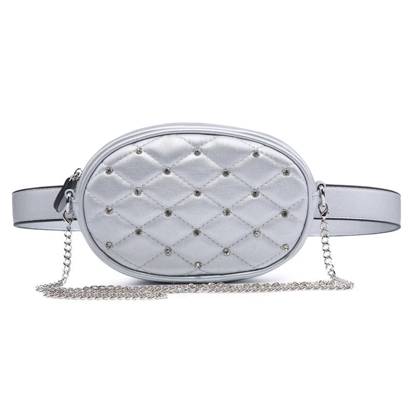 Silver PU with chain Высокое качество, Женская поясная сумка, искусственная кожа, бархат, пояс, сумки через плечо, блестящие стразы, банан, удобная нагрудная сумка - Цвет: Silver PU with chain