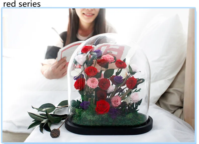 1set red flower dome 35 см большой стеклянный купол ваза с персервированным цветком украшения дома креативный стеклянный купол и черная база соответствующие подарочные украшения - Цвет: 1set red flower dome