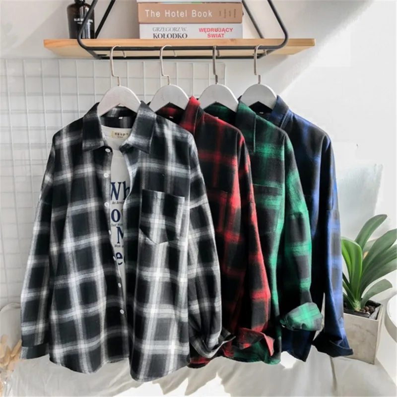 Spring Autumn Male Plaid Shirts INS Style White Red Black Long Sleeve Oversized Simple Top Shirt Plus Size | Мужская одежда