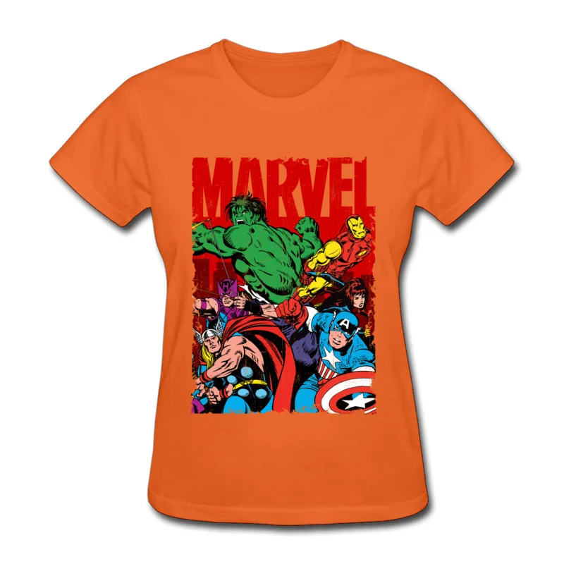 Горячие тренды модная футболка женская футболка Marvel собранные летние топы Футболка с круглым вырезом хлопок футболка Человек-паук - Цвет: Оранжевый