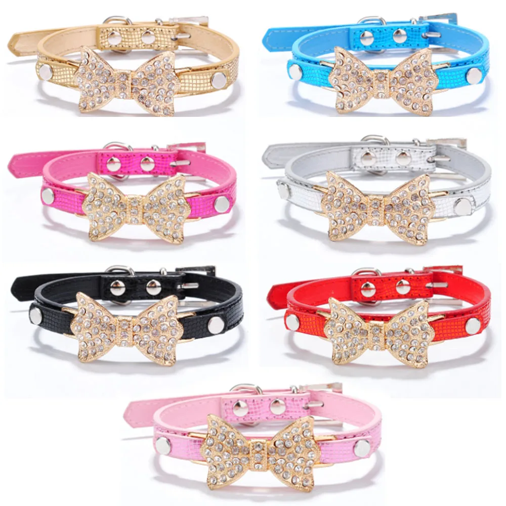 

7 Colors Adjustable Gold Butterfly Tie Design Diamond Rhinestone PU Leather Cat Dog Collars for Pet Small Medium Dogs