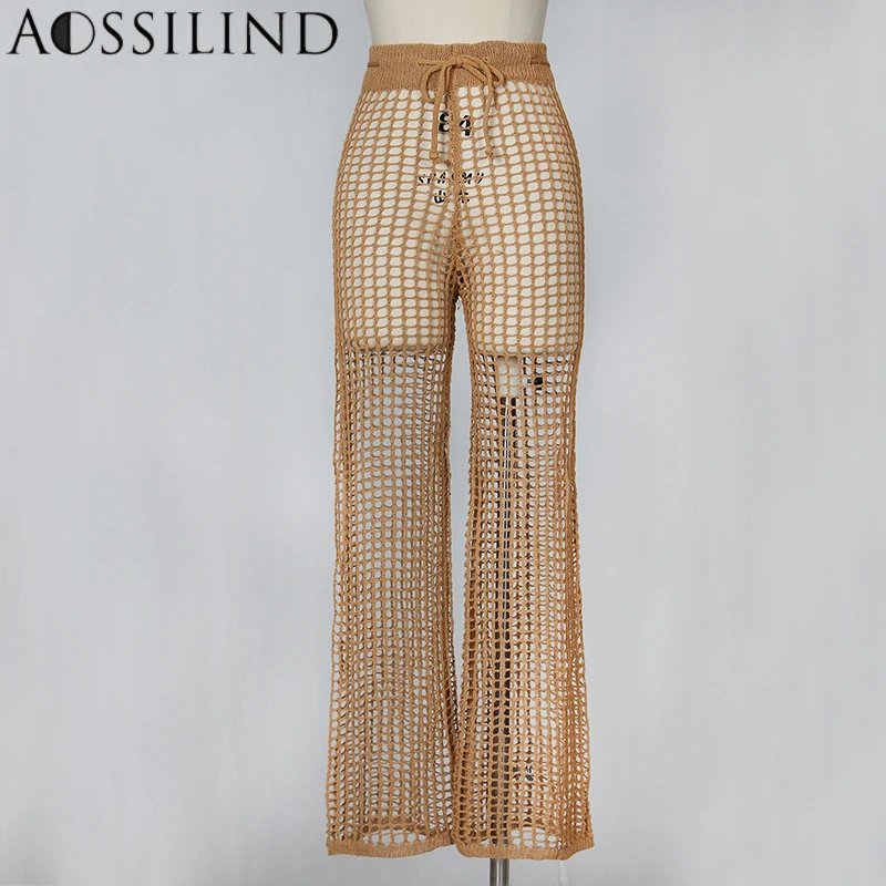 Женские трикотажные брюки связанные крючком AOSSILIND летние открытые пляжные