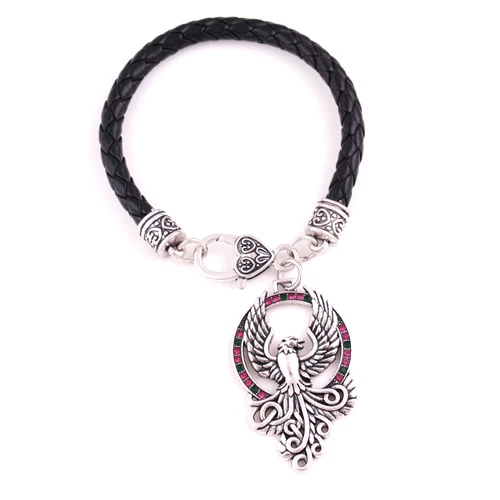black rope chain Феникс восходящий Кулон Серебряный величественный Солнечный огонь птица браслет-амулет - Окраска металла: black rope chain