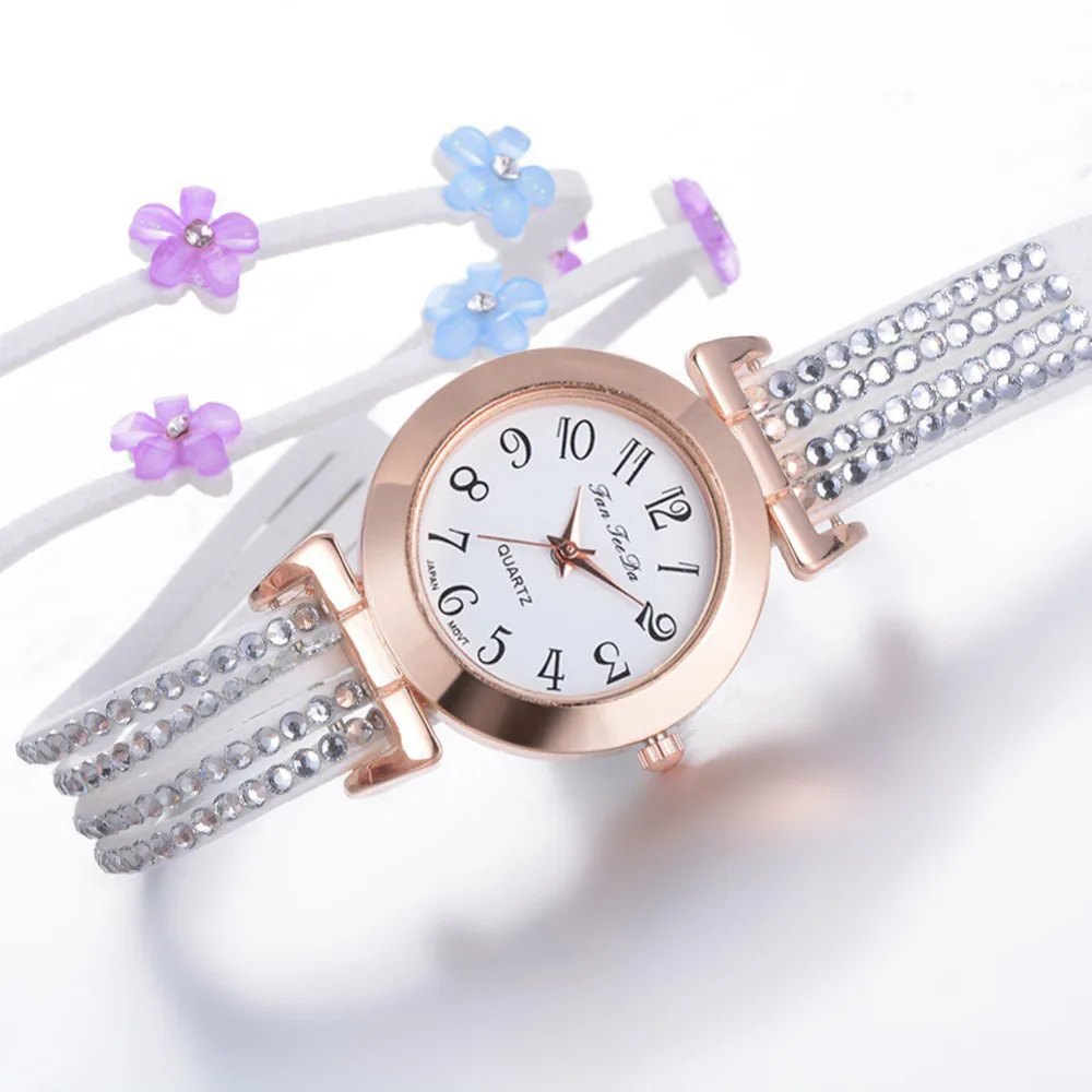 Роскошные Для женщин браслет часы Кристалл кожаный ремешок с цветами дамы