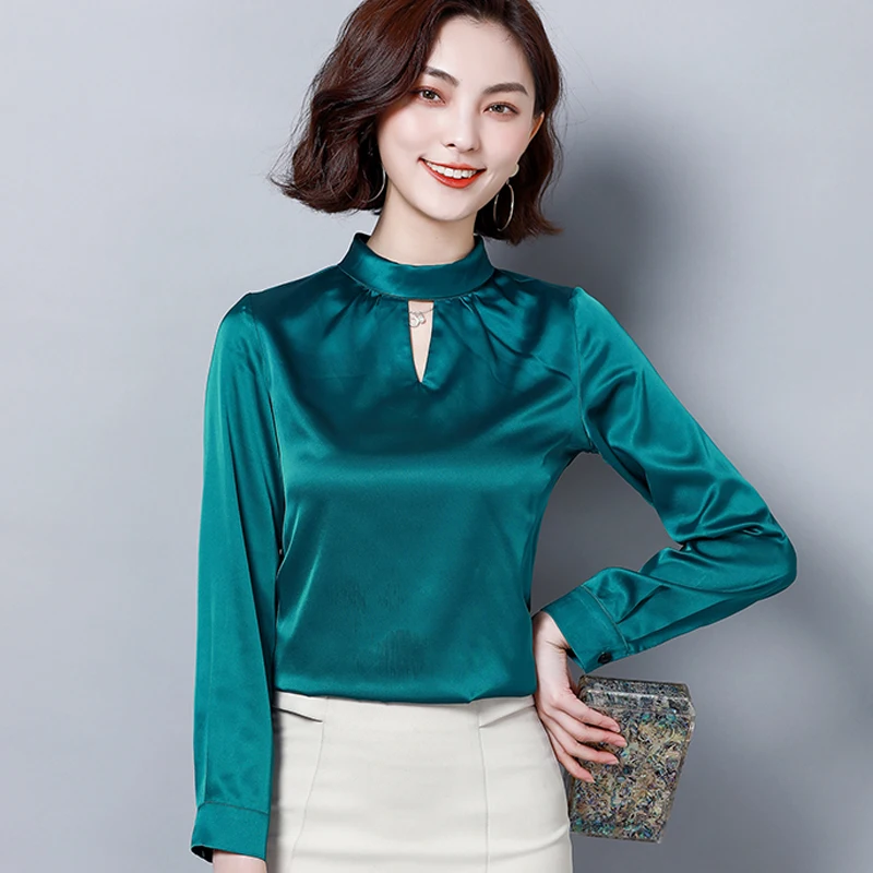 Женские офисные топы и блузки с длинным рукавом зеленые черные белые имитация
