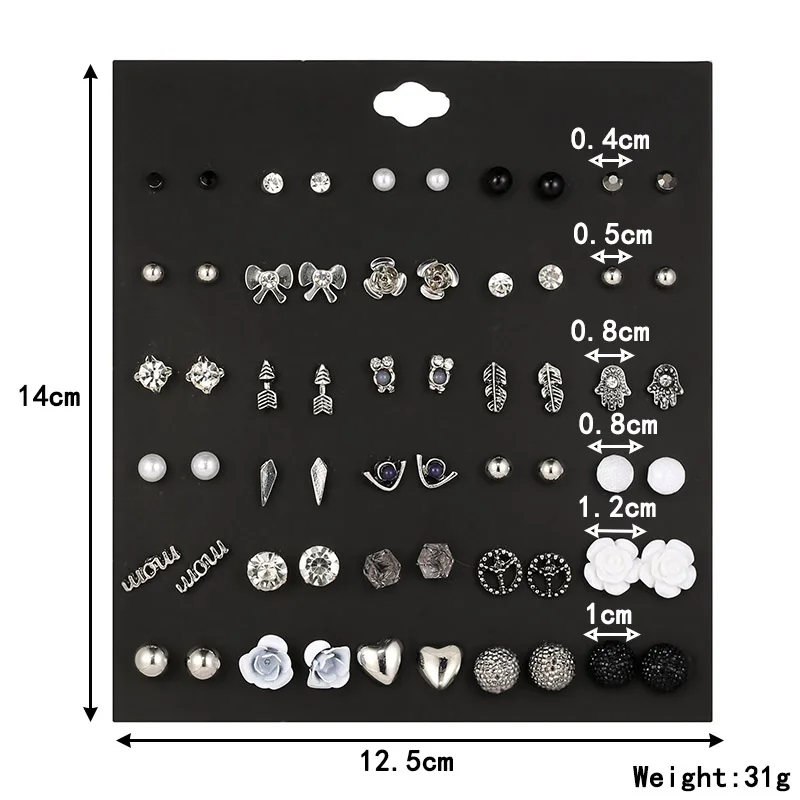 30 Pairs/set Vintage Silver Alloy Crystal Stud Earrings Set Mix For Women Girls Cute White Resin Flower Earring Gifts Jewelry | Украшения и