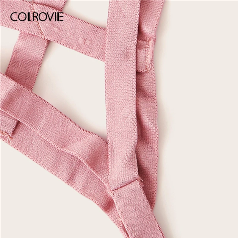 COLROVIE, розовый, прозрачный, с аппликацией, сексуальный бюстгальтер и v-стринги, комплект нижнего белья, женское нижнее белье,, прозрачный комплект нижнего белья