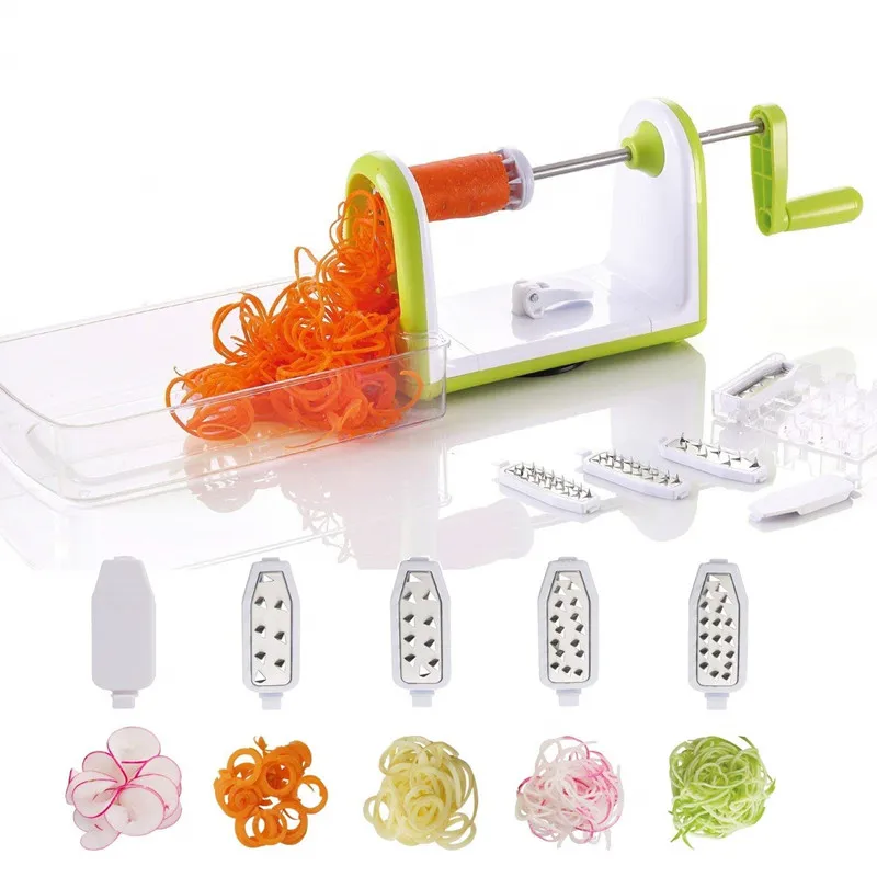 Зеленый TPUSNOK 5 лезвий Spiralizer высокое качество Овощной Spiralizer слайсер с пищевой контейнером Veggie спагетти паста производитель TPA61 - Цвет: Зеленый