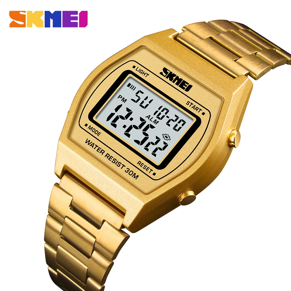 Gold SKMEI, мужские, женские, Роскошные, цифровые часы, водонепроницаемые, модные, мужские часы, светодиодный, Лидирующий бренд, для улицы, спортивные, наручные часы, Relogio Masculino 1328 - Цвет: Gold