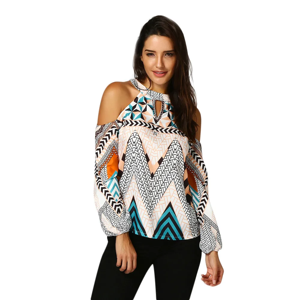 Женская пикантная шифоновая блузка в стиле ретро с геометрическим принтом и