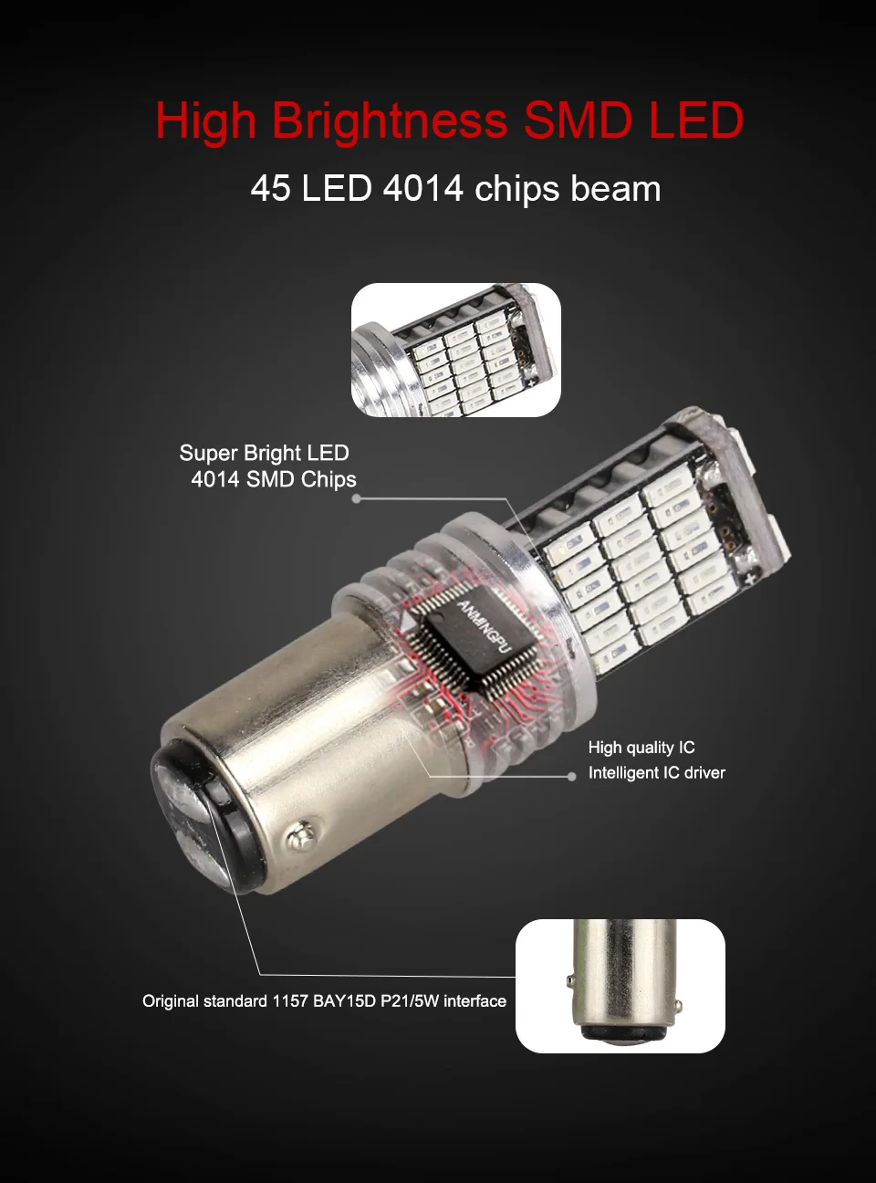 ANMINGPU 2x автомобильная светодиодная сигнальная лампа P21/5 W Led 1157 Bay15d лампы без ошибок 45 Led smd 4014 Задний сигнал тормоза стоп Обратный светильник красный