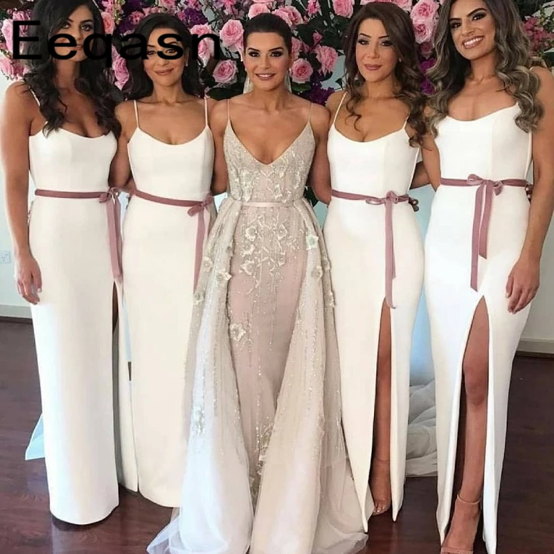 

2020 New White Bridesmaid Dresses Strapless Straight Ankle Length Front Split Satin Long Wedding Guest Dress Cheap Women Gowns