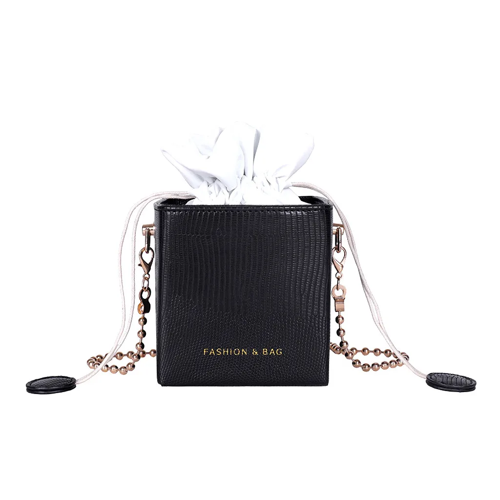 Black Drawstring box bag Women's Simple All-purpose Small Bucket Bag Single Shoulder Messenger Bags female chain crossbody sac a main - Цвет: Black