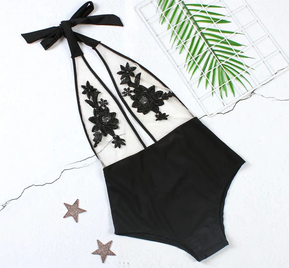 Сексуальный цельный купальник с лямкой через шею новинка 2019 сетчатый лоскутный