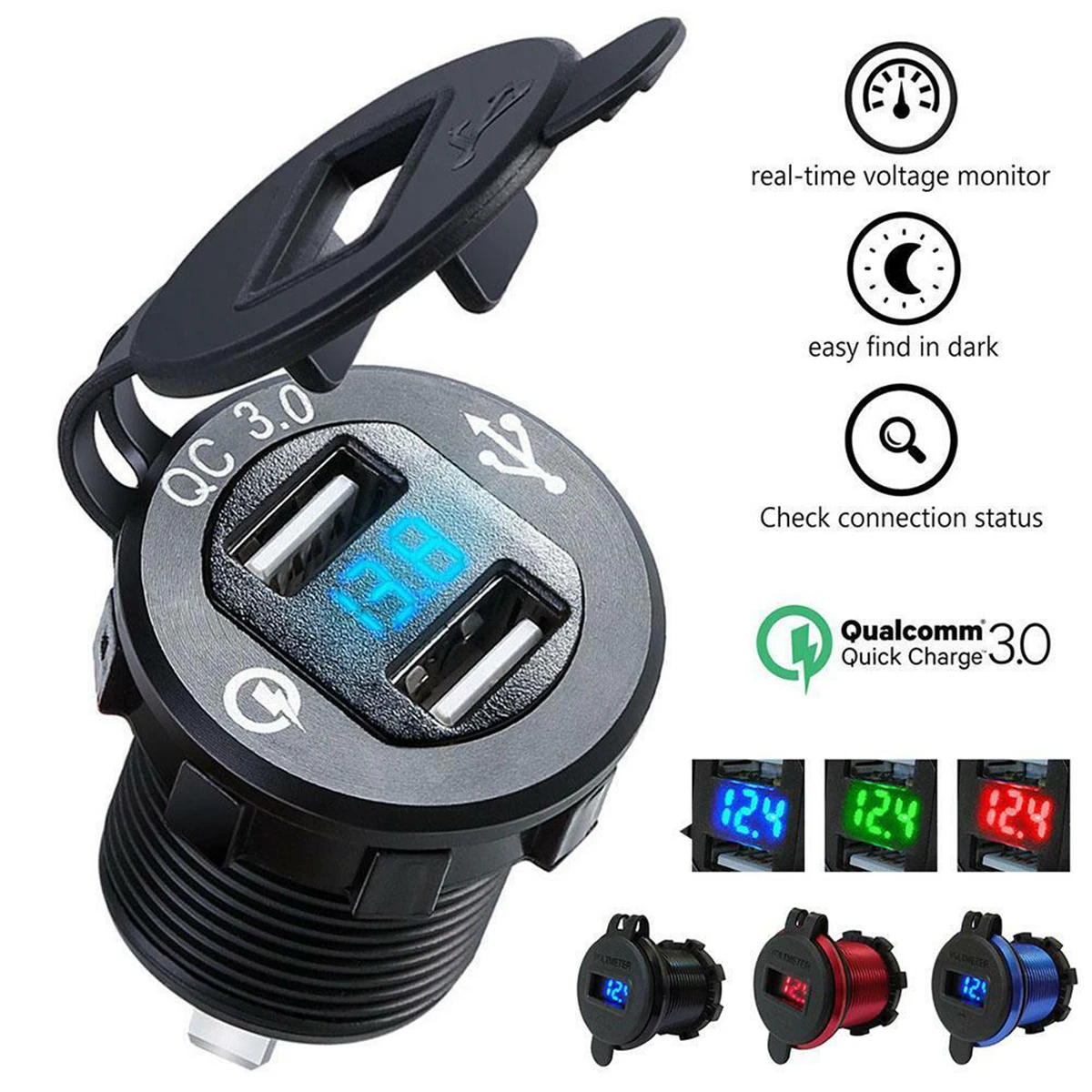 QC 3,0, алюминиевый светодиодный вольтметр для мотоцикла, лодки, автомобиля, 2 USB, зарядное устройство для автомобиля, мотоцикла, Прямая поставка, светодиодный измеритель напряжения