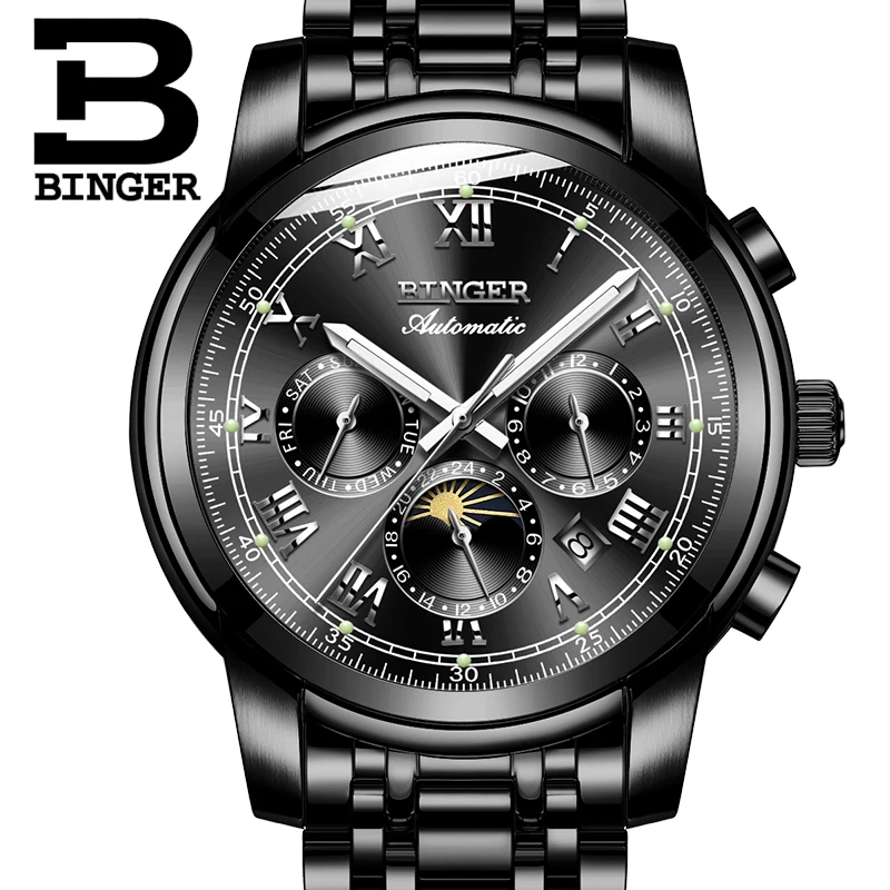 Luxury Watch Men Black Stainless Steel Automatic Mechanical Waterproof Multifunction relogio masculino Luminous Calendar|calendar|calendar