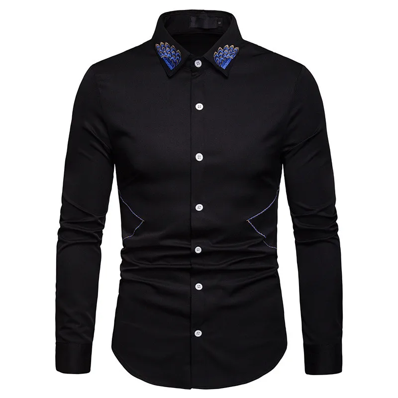 Mens Casual Lapel Embroidered Business Shirts Fashion Black White Large Size Long Sleeve Loose for Young 2019 Spring | Мужская одежда