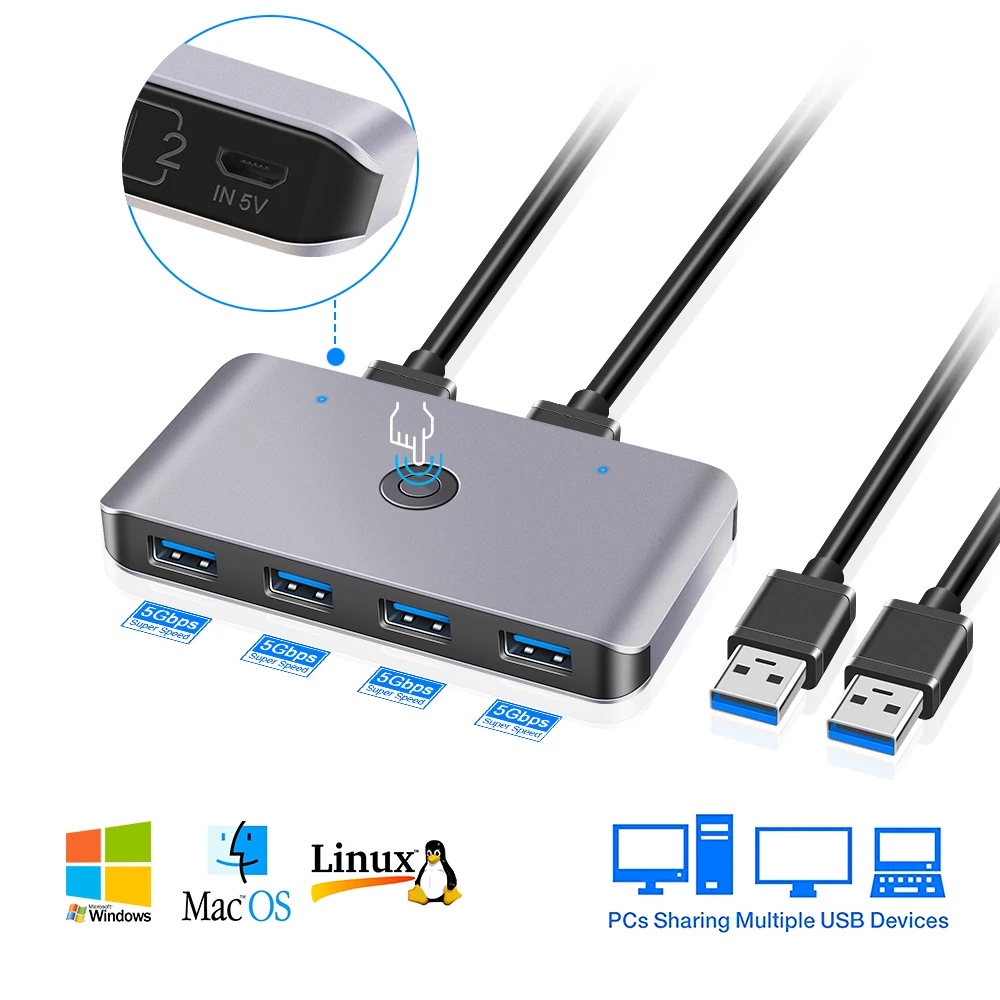 Rocketek USB KVM Switch Box USB 3.0 2.0 Switcher 2 Port PCs Sharing 4 Devices for Keyboard Mouse Printer Monitor with 2 Cables