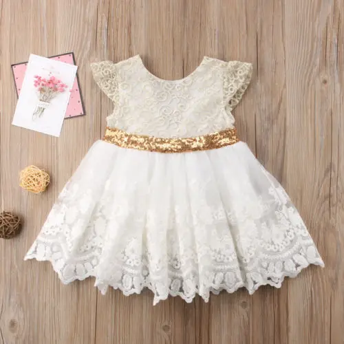 2018 Hot Sale Flower Girl Princess Summer Sequins Lace Dress Toddler Baby Wedding Fancy Party Flying Sleeve Backless Tutu | Детская