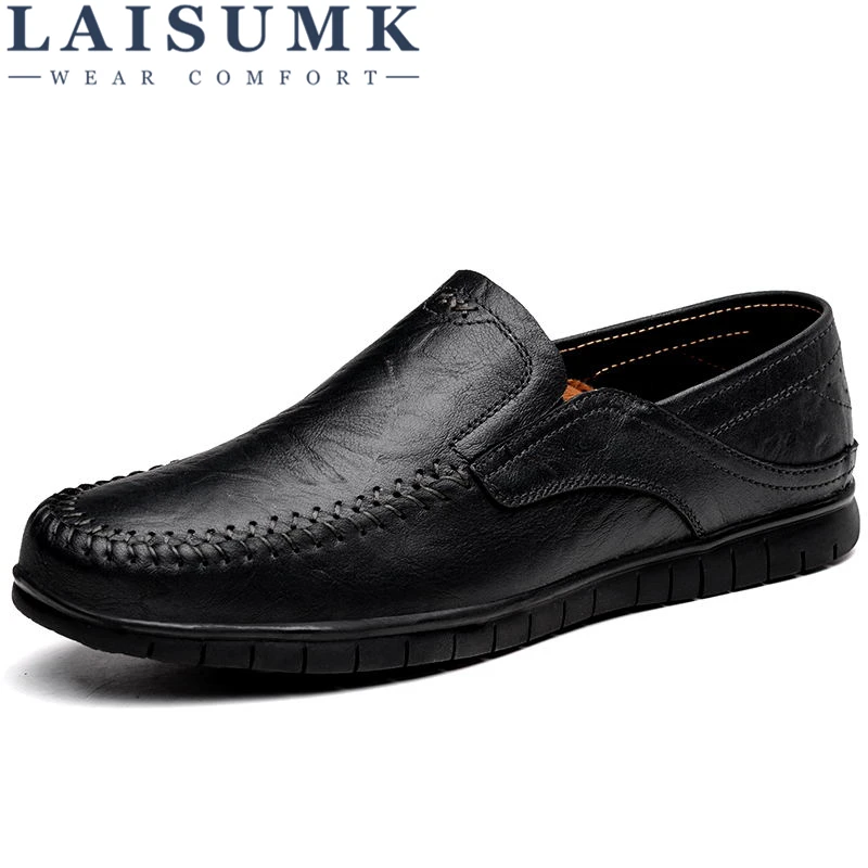 

LAISUMK Summer Genuine Leather Shoes Men Casual Moccasins Mens Slip-On Loafers Breathable Driving Black Shoes Free Shipping