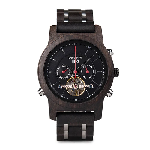 Ebony 45mm BOBO BIRD автоматические механические часы с скелетом, мужские деревянные роскошные часы, автоматические часы relógio masculino - Цвет: Ebony 45mm