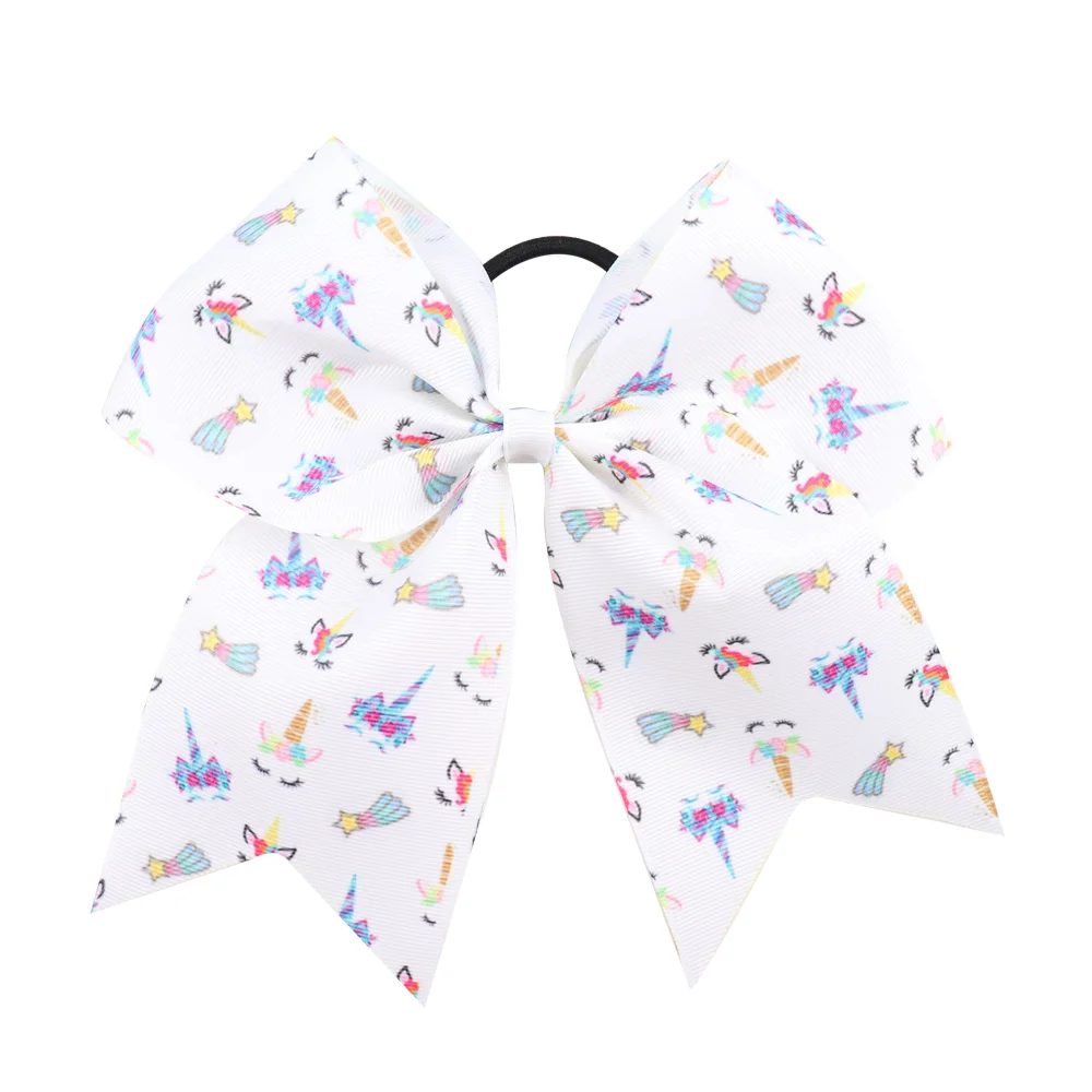 

24 Pieces/lot 7" Unicorn Cheer Bows With Rubber Band For Kids Girls Large Printed Ribbon Cheerleading Hair Bows Hair Accessories