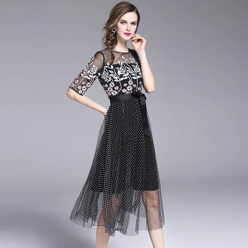 Платье MUXU с вышивкой летнее черное в горошек прозрачной сеткой модное элегантное