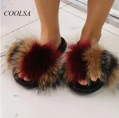 as picture shows COOLSA/женские разноцветные пушистые тапочки с лисьим мехом; женские милые плюшевые шлепанцы с натуральным лисьим мехом; вечерние Вьетнамки с мехом; женские сандалии - Цвет: as picture shows
