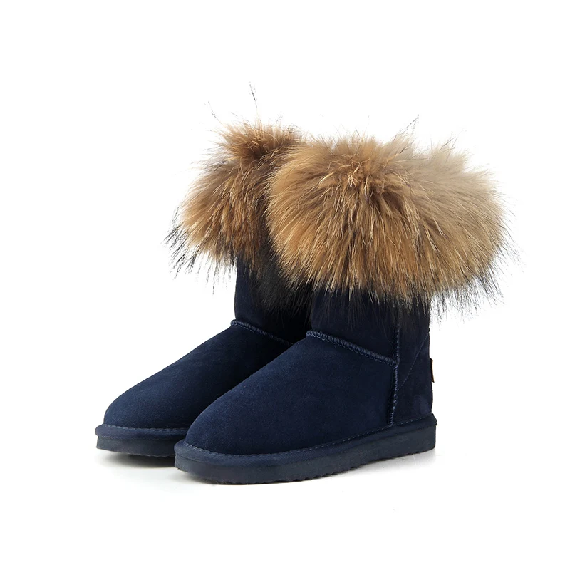 Navy Blue JXANG/Модные женские зимние сапоги из натурального Лисьего меха; женские ботинки из натуральной коровьей кожи; женские теплые зимние ботинки - Цвет: Navy Blue