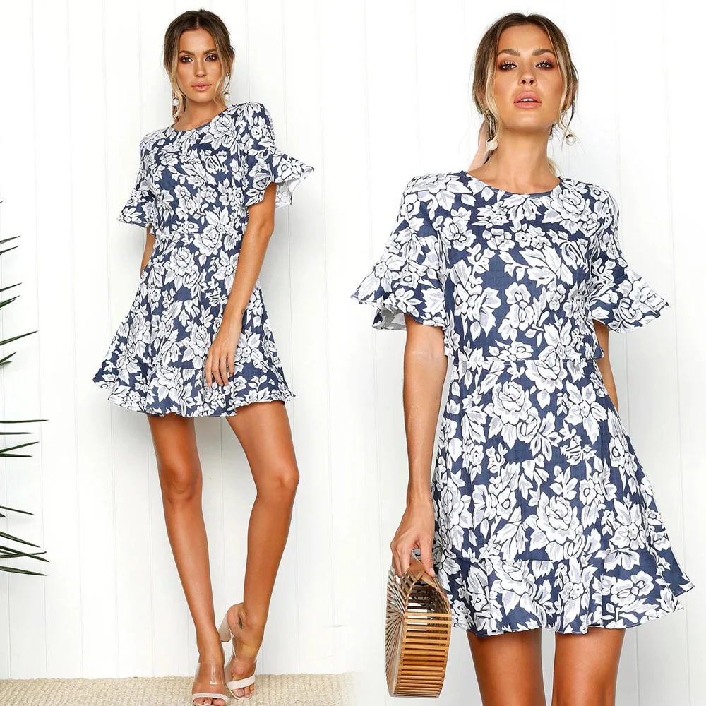 2018 Винтаж Цветочный принт летнее платье с открытой спиной расклешенными