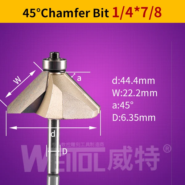 Weitol 1 шт. 1/2 или 1/4 inch карбида вольфрама 45 градусов фаски немного деревообрабатывающие фрезы Гравировальный инструмент - Длина режущей кромки: 1478