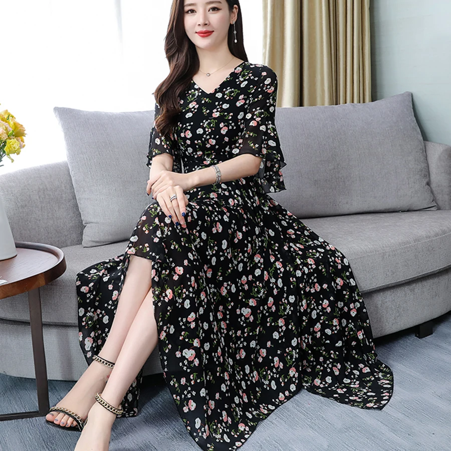 Винтажное пляжное платье большого размера 3XL черное с принтом летнее цветочное