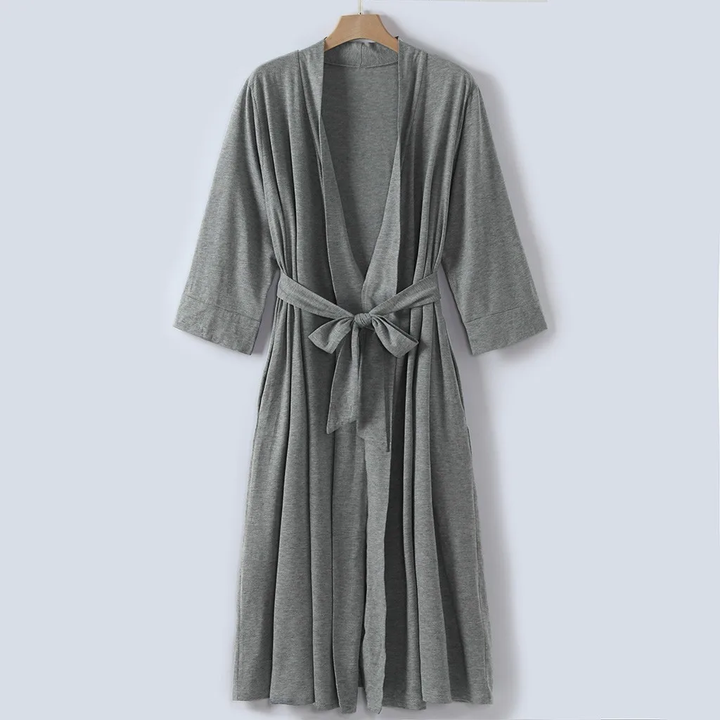 MUQGEW women nightwear sexy long bathrobe cotton Women's 4/3 Sleeve V-neck Lightweight With Belt Long Robe Bathrobe Sleepwear#g3
