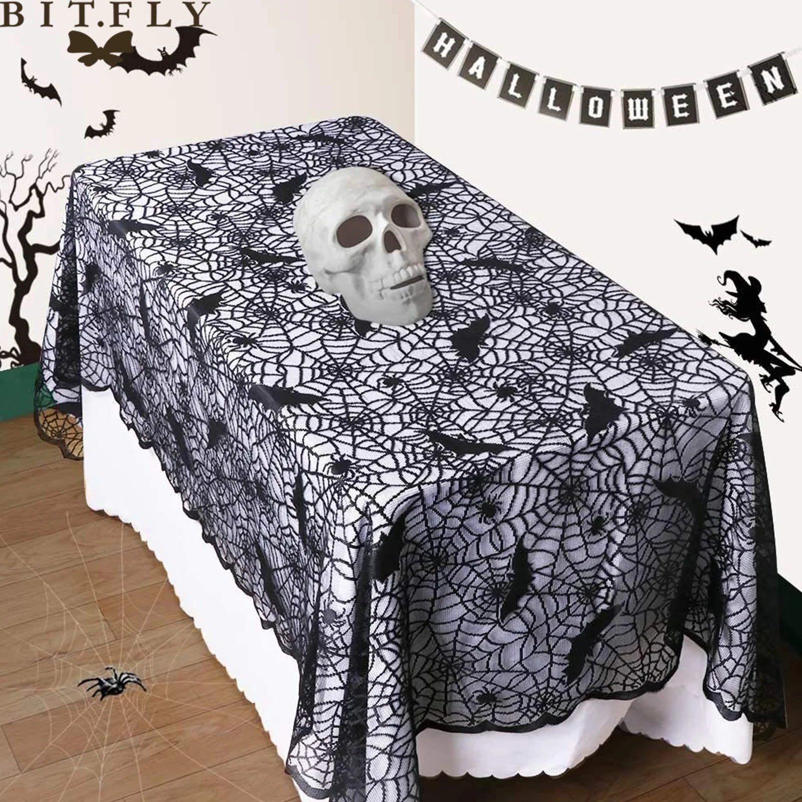 Черная кружевная паутинная Скатерть летучая мышь украшение стола занавеска